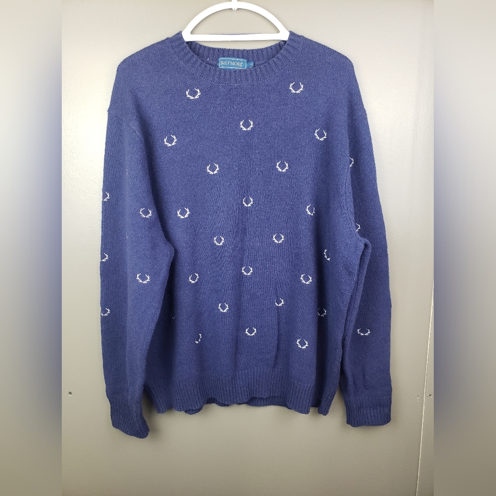 Biltmore Mens Embroidered Blue Sweater Pullover Size XL Antlers Lambs Wool Blend